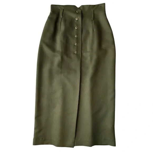 Vintage 90s Olive Green Button Front Midi Skirt High Waist Tailored Minimalist - Picture 2 of 15